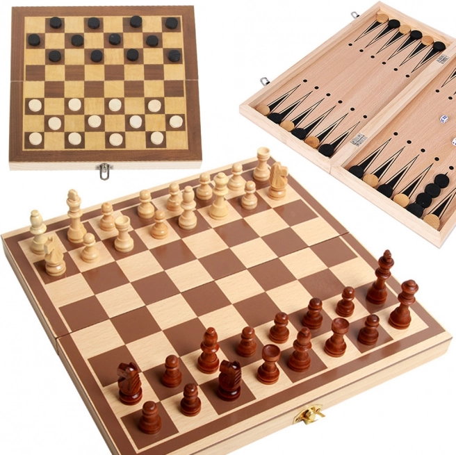 Houten 3-in-1 set: schaken, dammen en triktrak