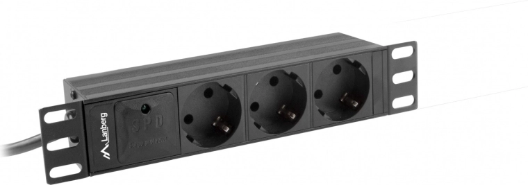 Racková PDU-lijst 10" 1U, 3x Schuko, 2 m, 10 A, zwart, ingang IEC C14 – LANBERG
