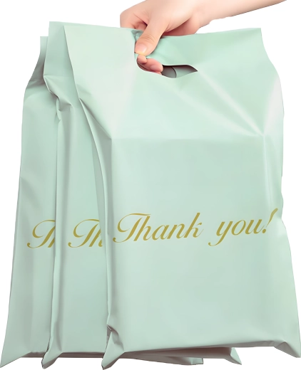 Mintkleurige koeriersenveloppen met handvat Thank You 310 × 420 + 70 mm, 50 stuks