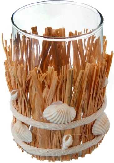 Waxinelichthouder SEA van glas met natuurlijke vlecht, bruin