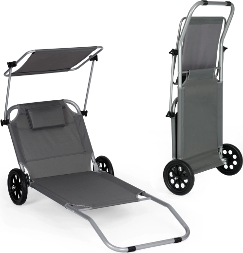 MultiGarden opvouwbaar strandligbed op wielen met trolley en zonnescherm – grijs