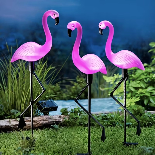 Zonne-energietuinverlichting flamingo, set van 3 stuks