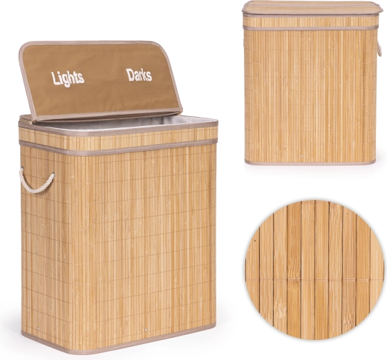 ModernHome wasmand van bamboe 100 l met 2 vakken en deksel