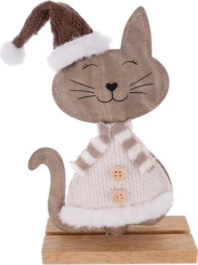Kerstdecoratie kat van hout en (kunst)bont