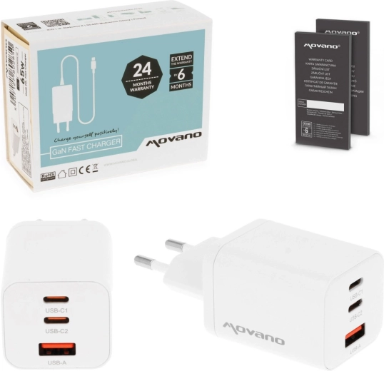 Movano GaN-oplader 65 W, 2× USB-C PD + USB-A wit