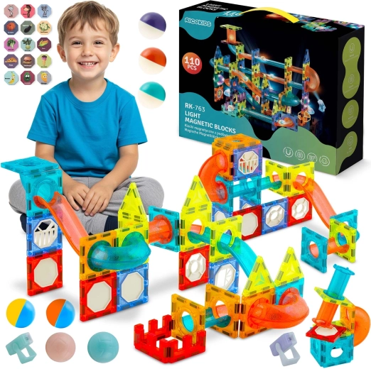 Lichtgevende magnetische bouwset met knikkerbaan Ricokids, 110 onderdelen