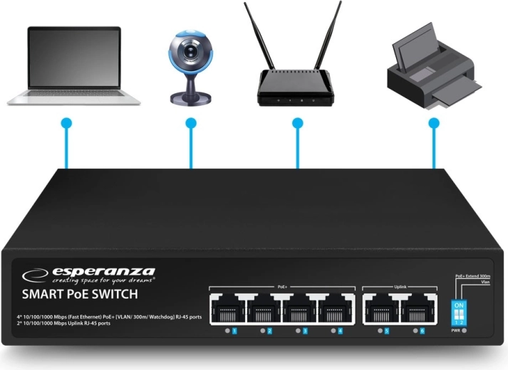 6 poorten incl. 2× uplink en werking zonder configuratie