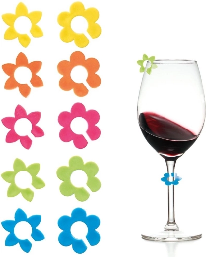 Kleurige glas- en bekermarkeringen – bloemen, 10 stuks