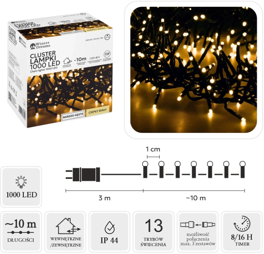 LED-lichtsnoer Cluster 1000 LED warm wit 10 m