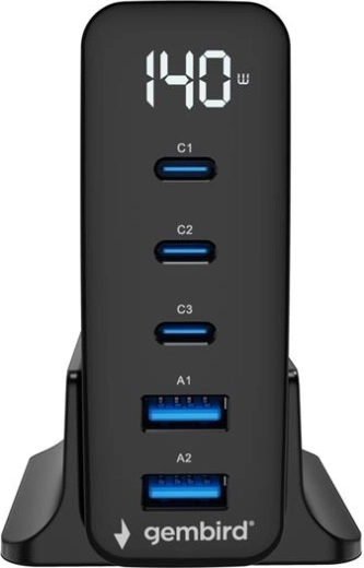 Universele GaN-oplader 140 W met LCD, 3× USB-C en 2× USB-A, zwart