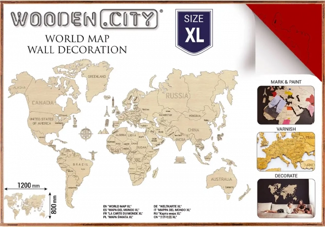 WOODEN CITY houten 3D-wereldkaart voor aan de muur XL – Koraal