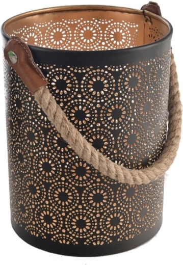 Kandelaar DOT van metaal en jute zwart-goud 20 cm