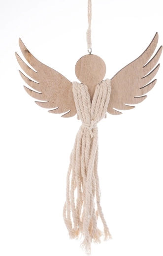 Decoratieve houten engel met macramé in bruine kleur