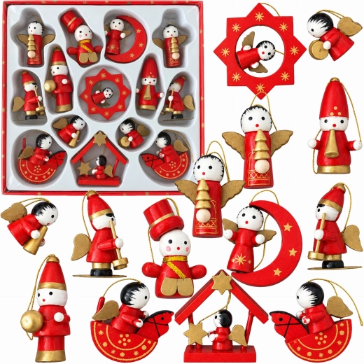 Houten kerstversieringen om op te hangen, 14 stuks - 1 stuk