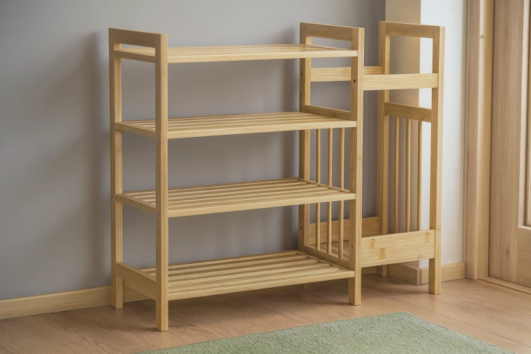 Bamboerek met 4 legplanken en zijvak voor paraplu’s 73,5 × 28 × 66 cm