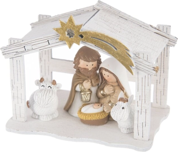 Witte kerststal van hout en polyresin