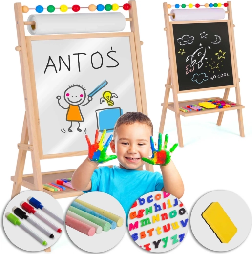 Draaibaar magnetisch en krijtbord voor kinderen met papierrol RICOKIDS