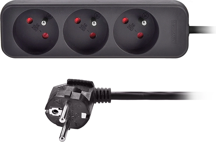 Solight verlengsnoer met 3 stopcontacten, zwart, 2 m