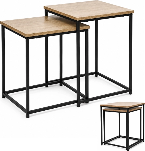 ModernHome set van 2 in elkaar schuifbare vierkante salontafels 2-in-1 in loftstijl, licht eiken