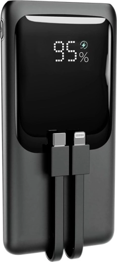 Powerbank 10.000 mAh met geïntegreerde kabels, lcd-display en snelladen 20 W, zwart