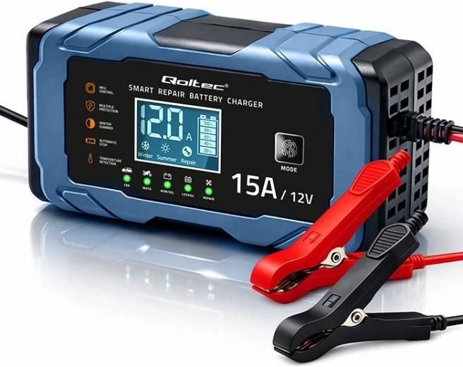 Qoltec intelligente acculader voor autoaccu’s 12 V 15 A met reparatiefunctie voor AGM/GEL/LiFePO4