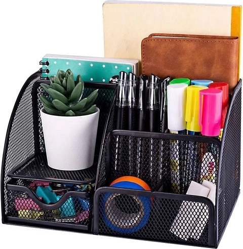 Bureau-organizer met 6 vakken en lade, zwart