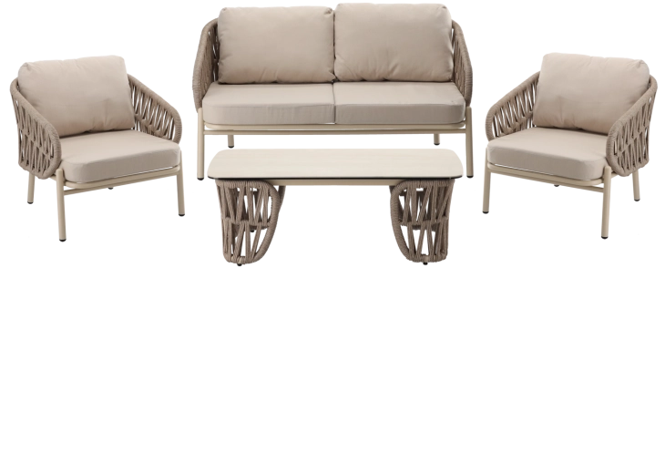 Beige aluminium tuinmeubelset met bank, 2 fauteuils en tafel - 4 stuks