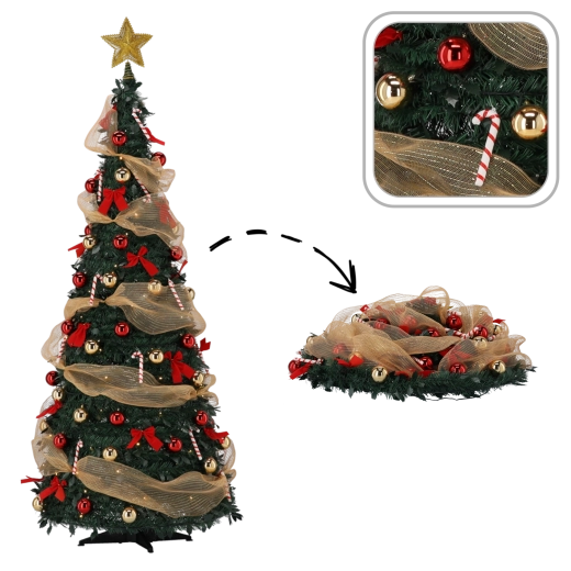 Opvouwbare kunstkerstboom Lidia 180 cm met LED-verlichting en versieringen - 1 stuk