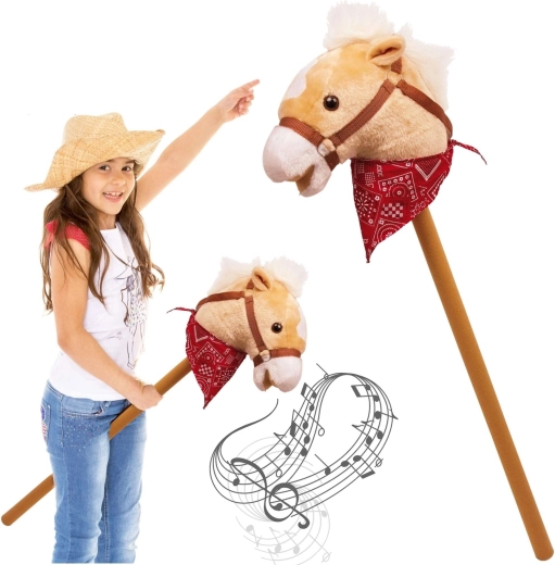 Stokpaardje op houten stok met hinnikgeluid, 77 cm