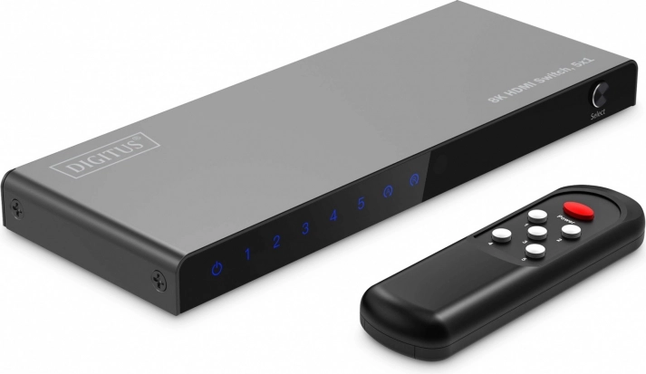 DIGITUS 8K HDMI schakelaar 5×1, 60 Hz (4:4:4), HDR, HDCP 2.3, met afstandsbediening, zwart