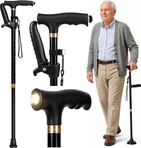 Opvouwbare verstelbare wandelstok met LED-zaklamp voor senioren – zwart