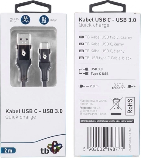 USB kabel USB 3.0 - USB-C 2m Premium 3A zwart