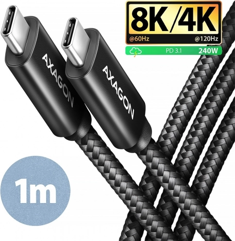 AXAGON USB‑C naar USB‑C kabel USB4 40 Gb/s, PD 240 W, 8K, 1 m, aluminium, gevlochten, zwart