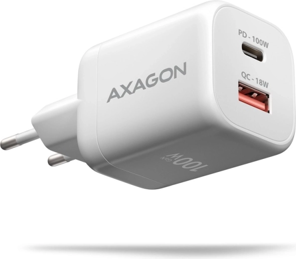 AXAGON GaN-netlader van 100 W met 2 poorten: USB-C en USB-A, wit