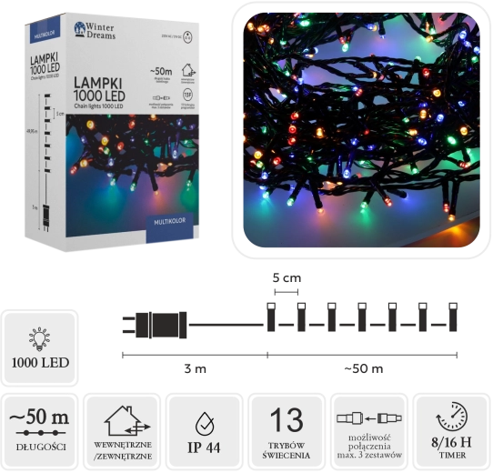 Veelkleurig LED-lichtsnoer met 1000 leds, 50 m
