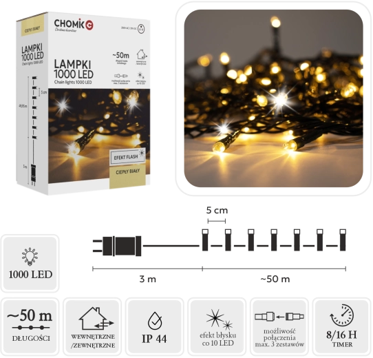 LED-lichtsnoer 1000 led warm wit + koud flash 53 m (3 m aanvoer) voor binnen- en buitengebruik