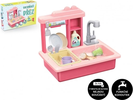 Roze kinder gootsteen voor vaat met batterijkranen en accessoires