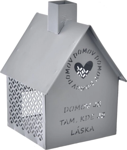 Metalen huisje Domov – theelichthouder, grijs 15 cm