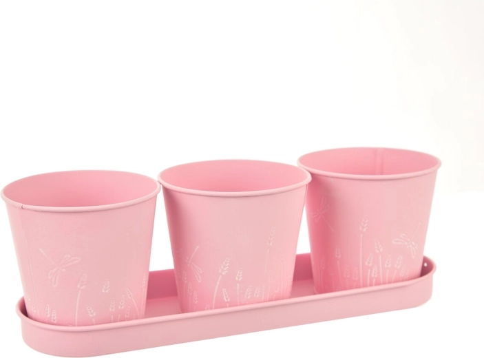 Set van drie roze metalen bloembakken met libellenmotief