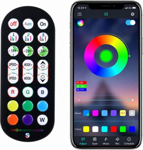 Bediening via app én afstandsbediening + muziekmodus en timer