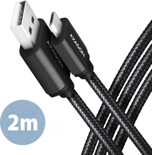 Kabel AXAGON MicroUSB - USB A 2 m, ALU gevlochten, zwart