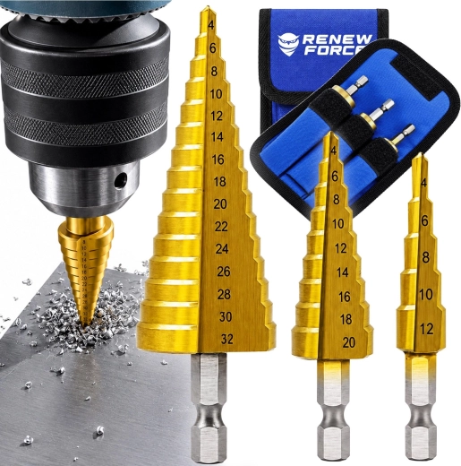 Set HSS RENEW FORCE titanium stappenboren 4–32 mm met zeskantschacht