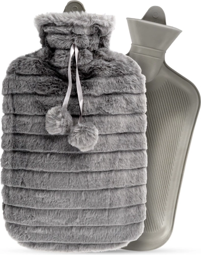 Warmwaterkruik met grijze pluchen hoes 2 l