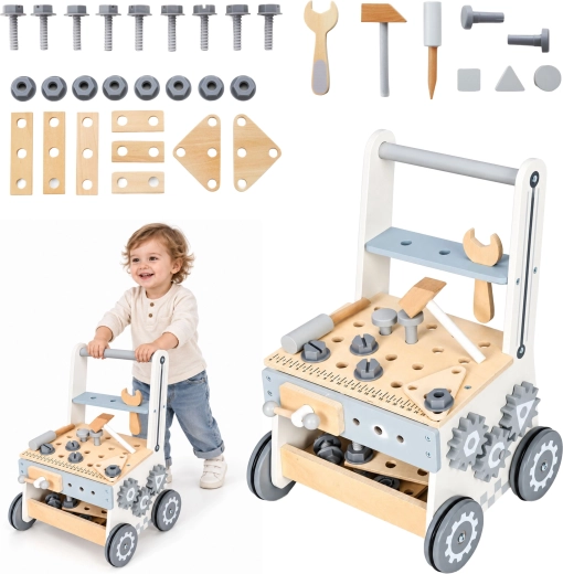 Houten kinderwerkbank met loopwagen en gereedschap ECOTOYS