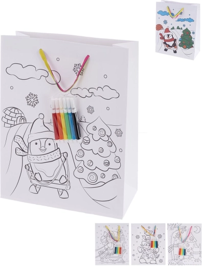 Cadeaupapieren tas om in te kleuren met stiften 26 × 10 × 32 cm, 4 varianten