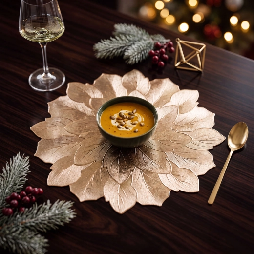Gouden placemat in bloemvorm met metallic effect, 38 cm