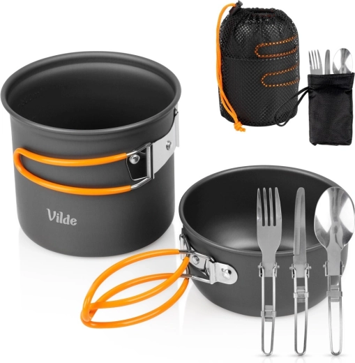 Vilde toeristische camping kookset met bestek 800/450 ml (6-delig)