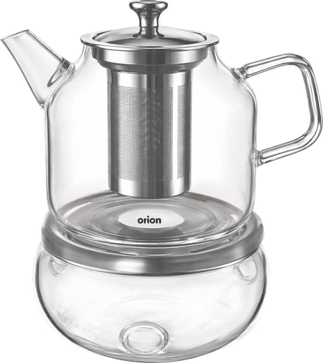 Orion glazen theepot van borosilicaatglas met roestvrijstalen filter en warmhouder 1,22 l