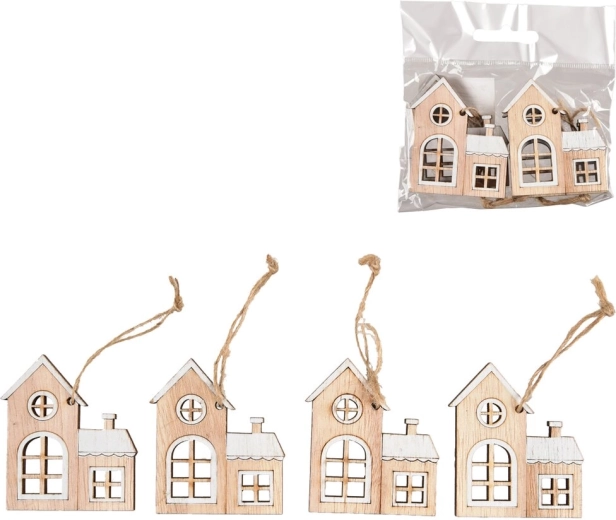 Hangende houten huisjes wit, 4 stuks