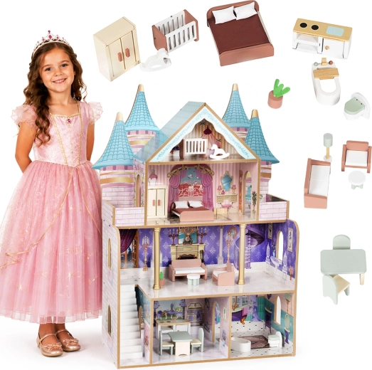 Ecotoys houten poppenhuis Bella – prinsessenkasteel met 4 verdiepingen